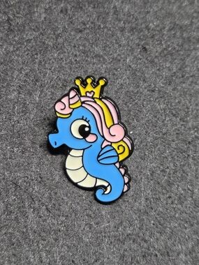 **Cute Blue Seahorse Enamel Pin with Crown**